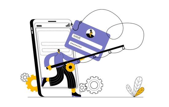 A hacker in a dark hood with a fishing rod catches user passwords on a hook from a mobile phone. vector