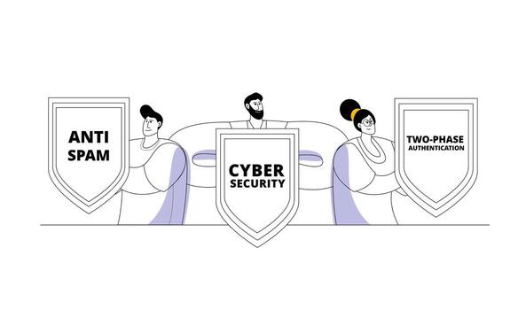 Characters with cyber security shields. vector