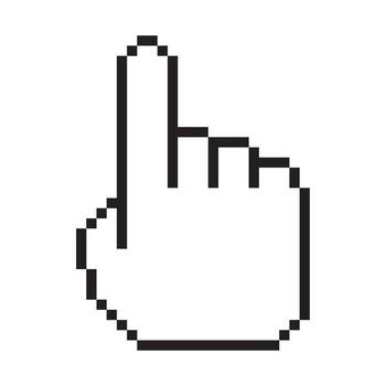 A pixelated computer cursor hand icon, pointing upwards, on a white background vector