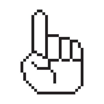 pixelado mano cursor señalando hacia arriba, aislado en blanco fondo, indicando número uno o atención vector