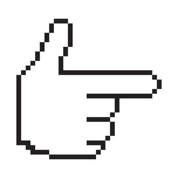un pixelado mano cursor señalando a el bien, prestados en negro líneas en contra un blanco fondo, recordativo de temprano computadora gráficos vector