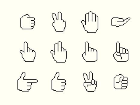 Twelve pixelated hand gestures illustrating different hand signals and actions on a light background vector