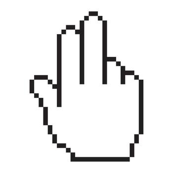 Pixelated hand cursor with two fingers extended, indicating selection, two finger tap, or interaction on a digital interface vector