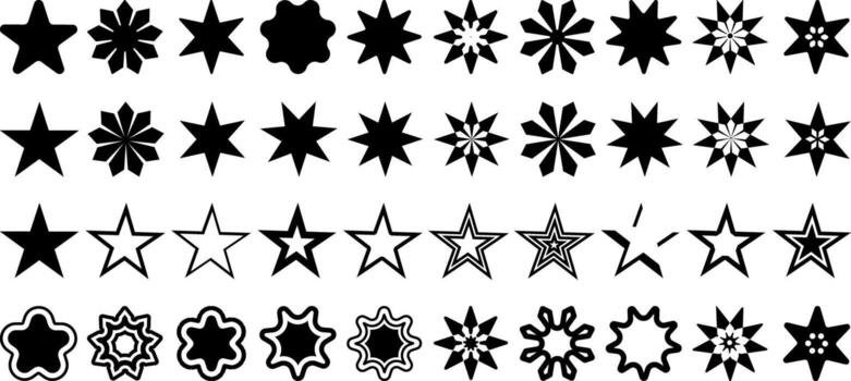 Star collection. Star icons. Black mega set of stars on transparent background. Simple but modern with different style star design. 40 black common, unique and stylish star icon shape vector