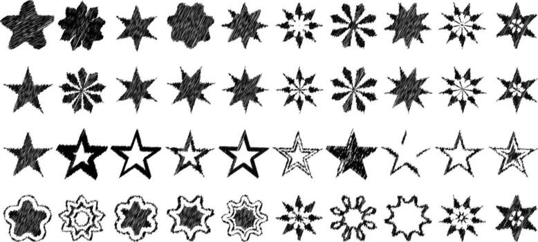 Scribble star illustration like hand drawn. Scribble star icon collection. Mega set of black scribble star on transparent background. 40 Different unique and stylish style star design. vector