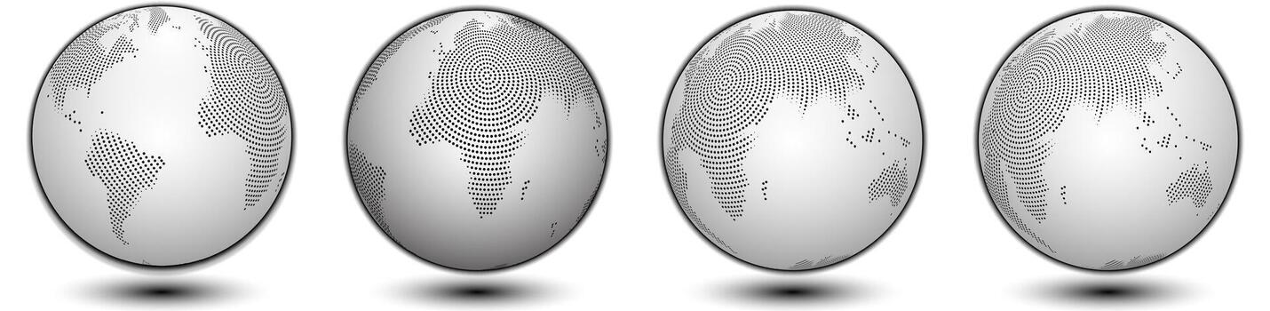 Bundle of globes of earth in round dotted pattern art shape. Globes of world map representing on a transparent background. Realistic 3d abstract globe shape with continents in round dot pattern vector