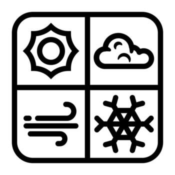 Four-color line style icons of wind, heat, snow, cloudy representing general atmospheric conditions. vector