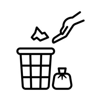 A line-style icon showing a hand throwing waste into a bin, symbolizing proper disposal. vector