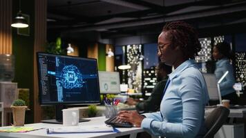 africano americano especialista manejas neural redes sistemas para datos pronóstico, combinatorio ai automatización herramientas con digitalización a conducir multinacional empresa eficiencia y innovación. cámara una. video