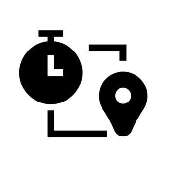 A simple filled icon of a pin with a stopwatch, representing location timing or travel duration. vector