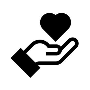 A filled graphic of an open hand presenting a heart, symbolizing a giving heart. vector