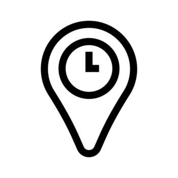 An outline icon of a pin with a clock, representing location time or scheduling. vector
