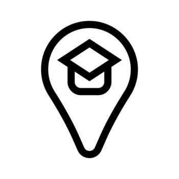 A simple line icon of a pin with a mortarboard, marking a school location. vector