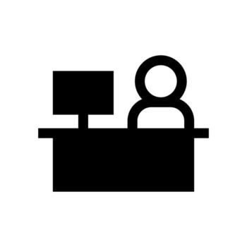 A simple filled icon of a person's profile at a counter, representing a receptionist. vector