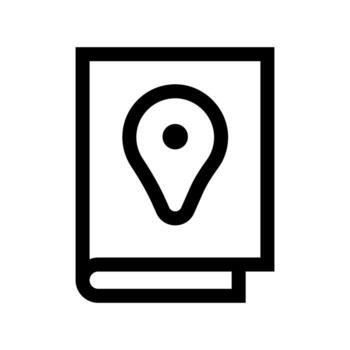 An outline icon of a map pin with a book, marking a library or educational location. vector