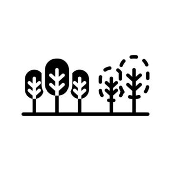 A solid-style icon showing trees being cut down, symbolizing environmental damage. vector