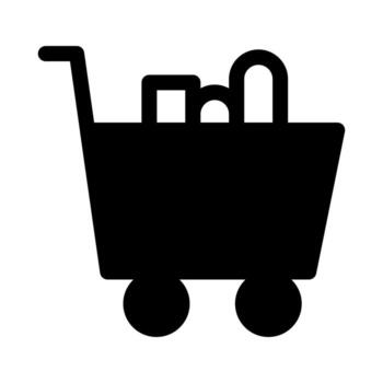 A solid-style icon of a shopping cart loaded with items, symbolizing a large purchase. vector