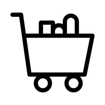 A line-style icon of a shopping cart loaded with items, symbolizing a large purchase. vector
