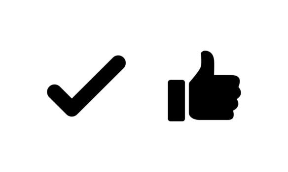 Check mark and thumbs up icon. Tick and like symbol. Positive reaction and validation sign vector
