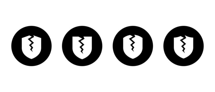 Broken shield icon set in black circle. Cracked protection and security failure symbol vector