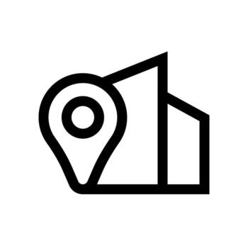 An outline icon of a map pin on a building, representing hotel location. vector