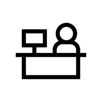 un sencillo línea icono de un de la persona perfil a un encimera, representando un recepcionista. vector