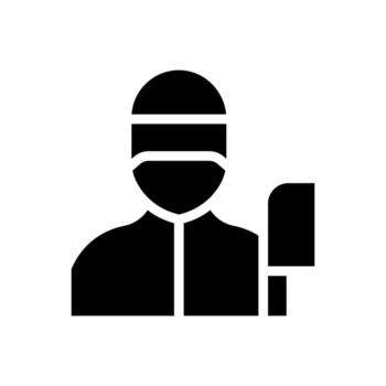 A simple filled icon of a person with a knife, symbolizing a butcher or slaughterer. vector
