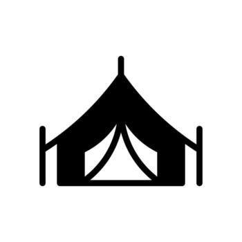 A simple filled icon of a triangular tent, symbolizing pilgrims' accommodation. vector