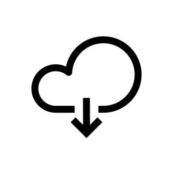 A linear graphic of a cloud with a down arrow for data download. vector