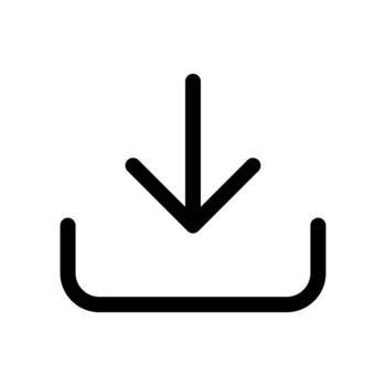 A linear graphic of a down arrow into a box, symbolizing a file download. vector
