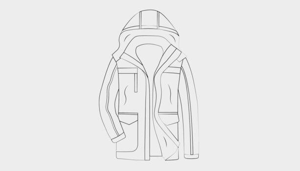 Hand-drawn of a winter parka jacket with hood, zipper, and pockets, featuring clean monochrome line work for a simple and functional look. vector