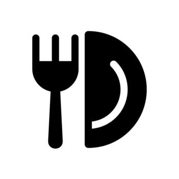A solid symbol of a plate with a fork, indicating dinner service. vector