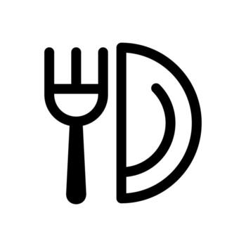 An outline symbol of a plate with a fork, indicating dinner service. vector