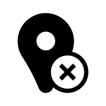 A filled graphic of a location pin with an 'X' mark, indicating wrong location or error. vector