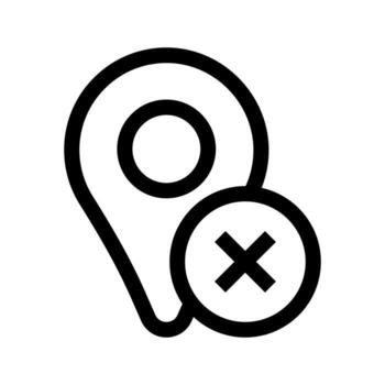 A linear graphic of a location pin with an 'X' mark, indicating wrong location or error. vector