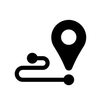 A solid icon of a pin with a winding line, indicating a detailed location route. vector