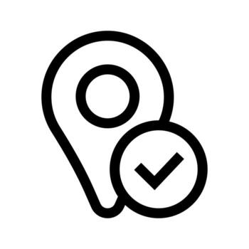 A simple line icon of a location pin with a check mark, indicating checked location or arrival. vector