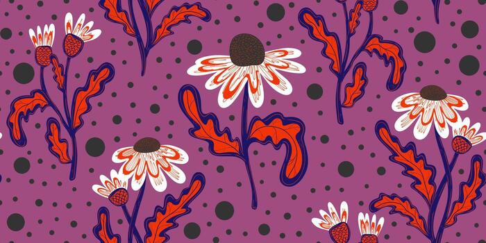 a pattern with flowers and dots on a purple background vector