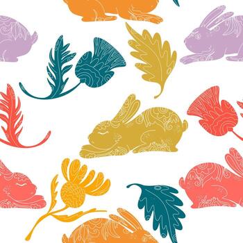 a seamless pattern with rabbits and leaves vector