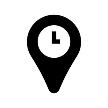 A solid icon of a pin with a clock, representing location time or scheduling. vector