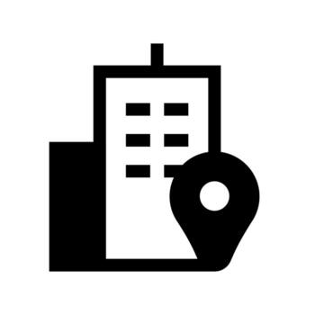 A solid icon of a map pin with a building, marking an office location. vector