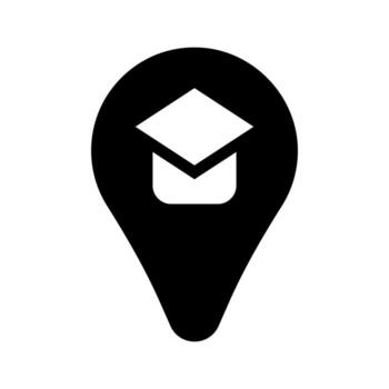 A simple filled icon of a pin with a mortarboard, marking a school location. vector