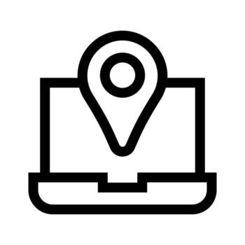 A simple line icon of a laptop screen displaying a location pin. vector