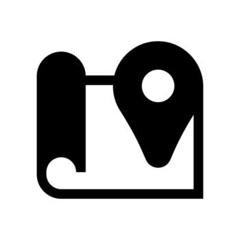 A simple filled icon of a map with a directional arrow, symbolizing GPS tracking. vector