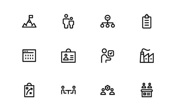 Office and Workshop Icons with Flat Minimal Outline Design for Workspaces and Productivity vector
