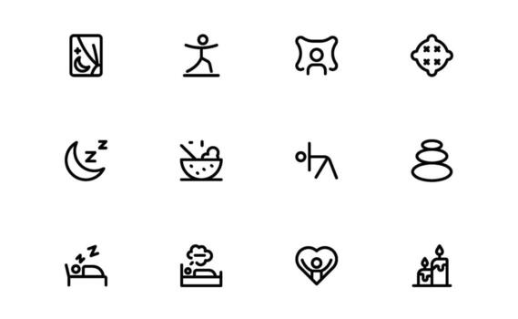 Sleep and Relaxation Icons with creative minimal lines for relaxation routines, mindfulness practices, and stress management applications for apps and websites. vector