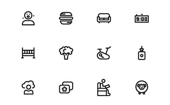 Sleep and Relaxation Icons with smooth line style for bedtime routines, meditation, and tranquil environments in digital dashboards and mobile apps. vector
