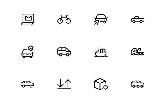 Truck Logistics and Car Icons with elegant outline shapes and balanced layout for use in cargo branding, commercial fleet, and industrial distribution projects. vector