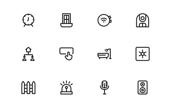 Home Automation Icons with modern minimal lines for smart thermostats, lighting control, and connected devices for energy-efficient residential management. vector