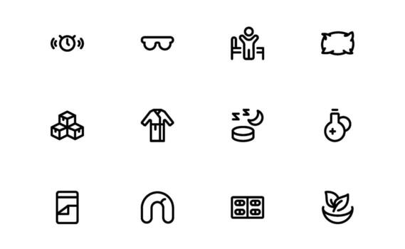 dormir y relajación íconos con moderno plano contorno para noche rutinas, sosegado dormir, y bienestar supervisión en digital tableros y móvil interfaces vector